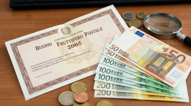 Buono fruttifero postale del 2005 accanto a banconote e monete in euro su un tavolo, con lente d’ingrandimento