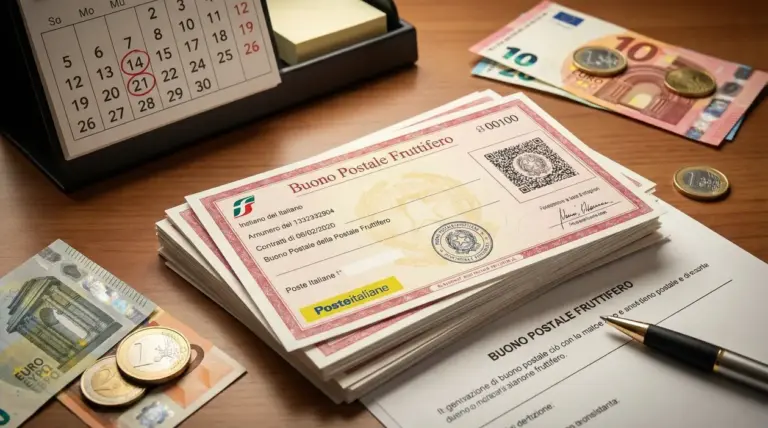 Buoni fruttiferi postali con calendario, banconote euro e modulo di attivazione su una scrivania