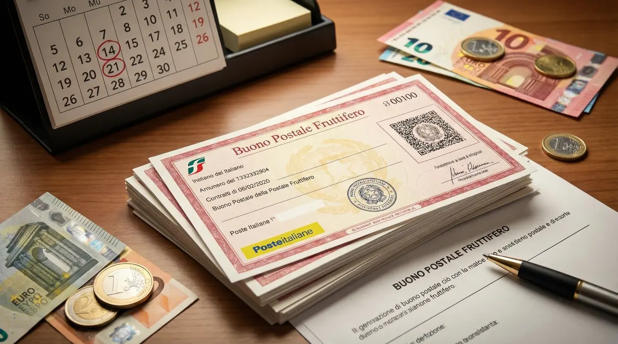Buoni fruttiferi postali con calendario, banconote euro e modulo di attivazione su una scrivania