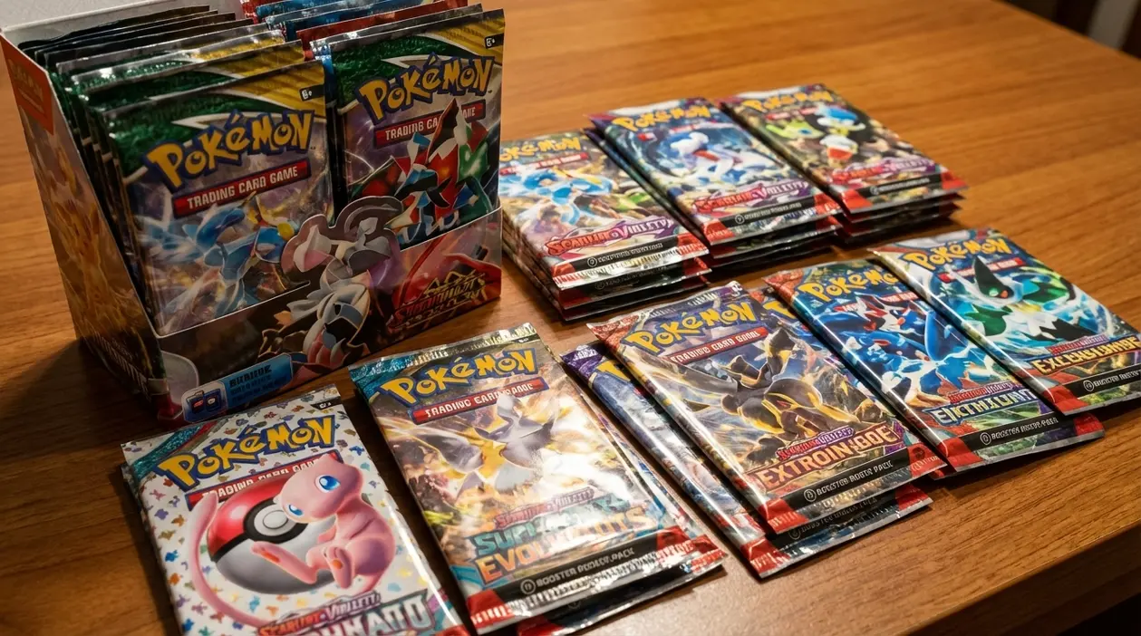 Buste sigillate del Gioco di Carte Collezionabili Pokémon disposte su un tavolo, con box e mazzi di booster