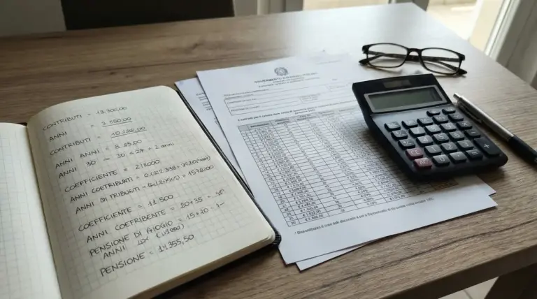 Calcolo della pensione con 30 anni di contributi su quaderno, documenti e calcolatrice su un tavolo