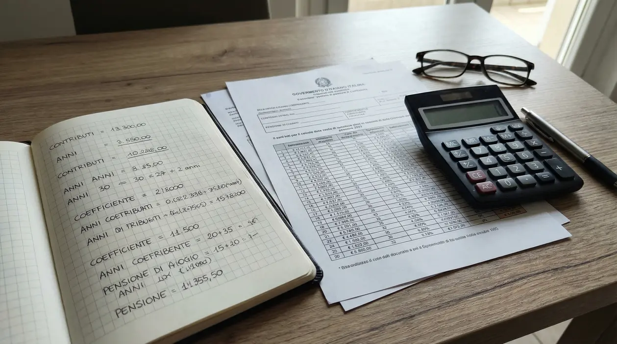 Calcolo della pensione con 30 anni di contributi su quaderno, documenti e calcolatrice su un tavolo
