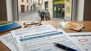 Documenti pensione e banconote su un tavolo davanti a un ufficio postale con due anziani sullo sfondo