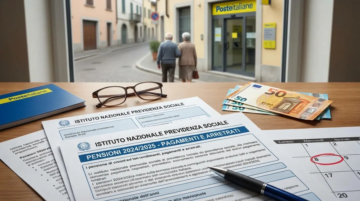 Documenti pensione e banconote su un tavolo davanti a un ufficio postale con due anziani sullo sfondo