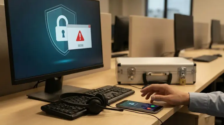 Postazione call center con computer, cuffie e smartphone, simboli di allerta e sicurezza per rischio truffa telefonica