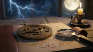 Oggetti astrologici su un tavolo con una candela accesa, una tempesta e la luna piena sullo sfondo