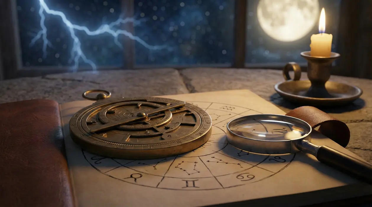 Oggetti astrologici su un tavolo con una candela accesa, una tempesta e la luna piena sullo sfondo