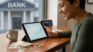 Persona sorridente guarda su tablet un grafico di crescita con banconote e monete sul tavolo, sullo sfondo una banca