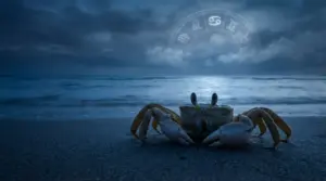 Un granchio su una spiaggia al tramonto con simboli zodiacali sullo sfondo
