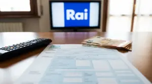 Modulo F24, telecomando e banconote su un tavolo con televisore acceso, simbolo del pagamento del Canone RAI