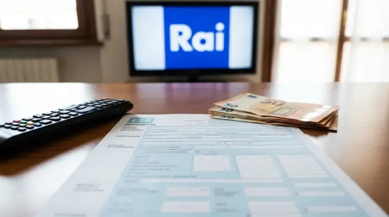 Modulo F24, telecomando e banconote su un tavolo con televisore acceso, simbolo del pagamento del Canone RAI