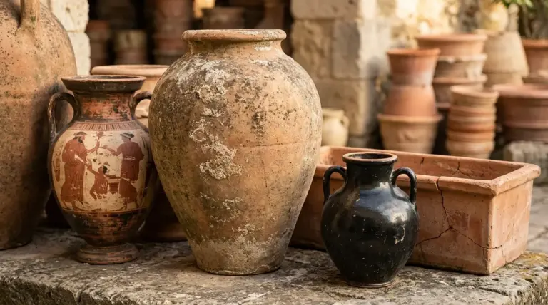Vasi in terracotta antichi e anfore su una superficie in pietra, con segni di usura e patina