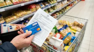 Persona con Carta Acquisti, contanti e modulo ISEE davanti a un carrello della spesa in supermercato