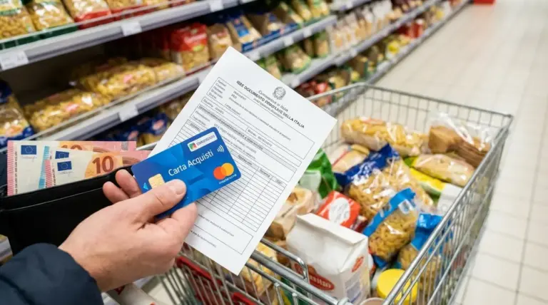 Persona con Carta Acquisti, contanti e modulo ISEE davanti a un carrello della spesa in supermercato