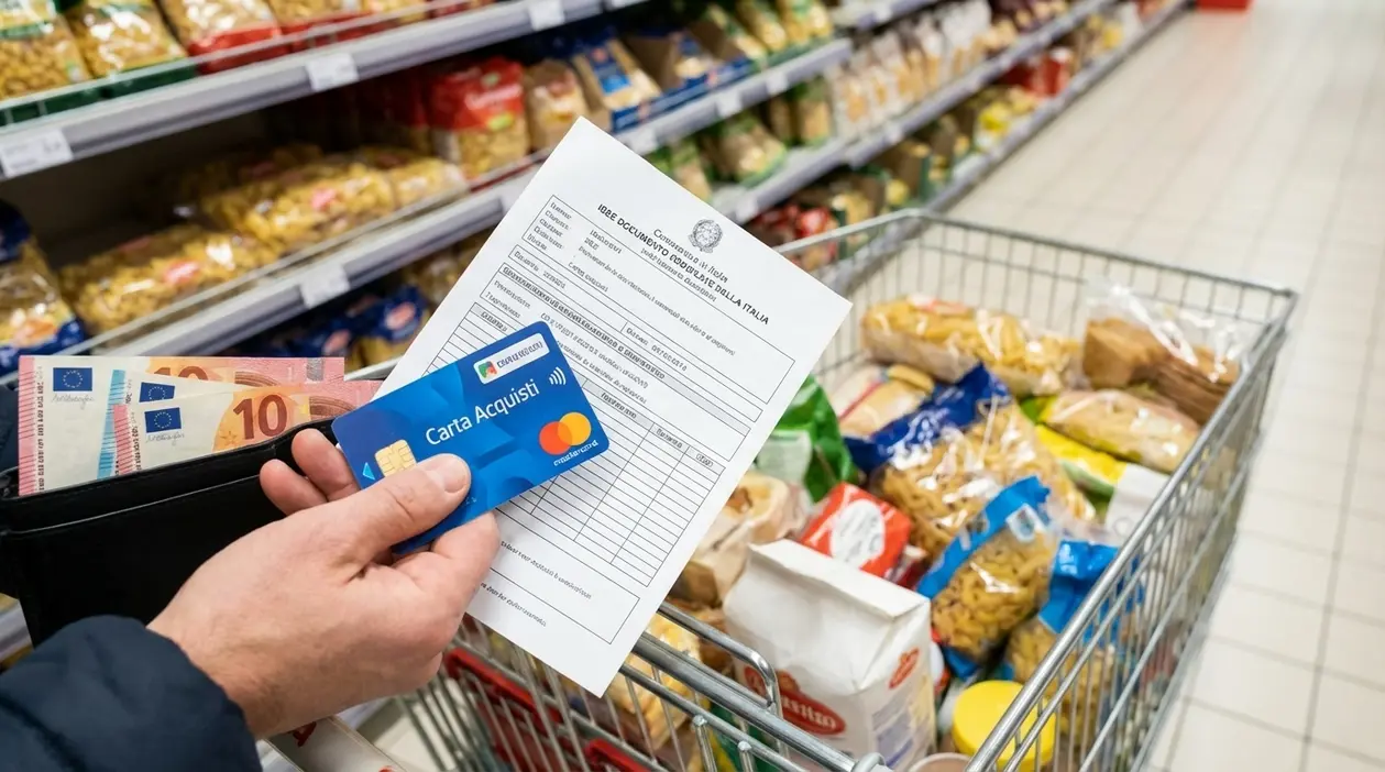 Persona con Carta Acquisti, contanti e modulo ISEE davanti a un carrello della spesa in supermercato