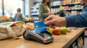 Pagamento al supermercato con Carta Acquisti su POS, con frutta e pane sul banco cassa