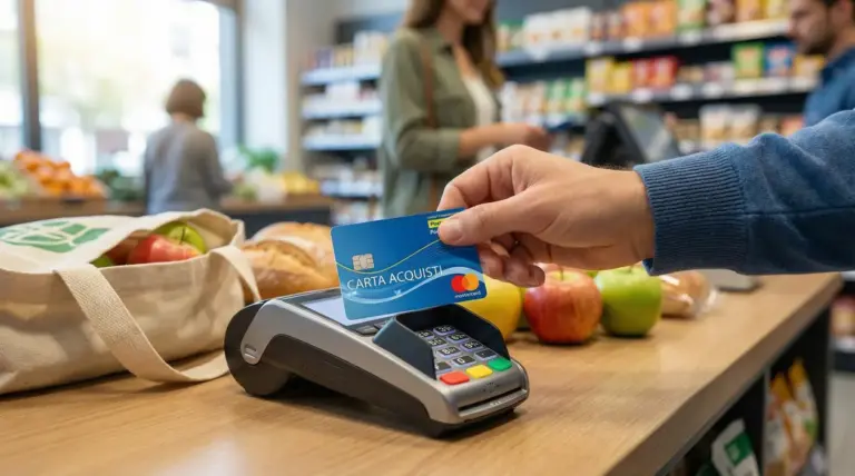 Pagamento al supermercato con Carta Acquisti su POS, con frutta e pane sul banco cassa
