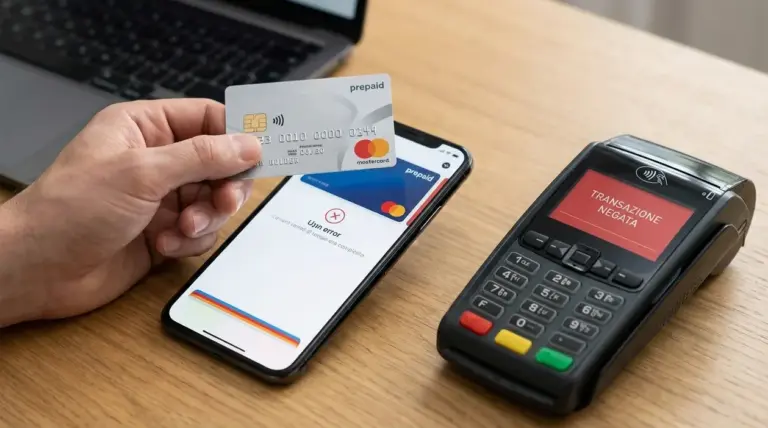Mano con carta prepagata vicino a smartphone e POS, con pagamento rifiutato