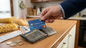 Una mano inserisce una carta spesa in un portafoglio accanto a contanti, scontrino e generi alimentari in cucina.