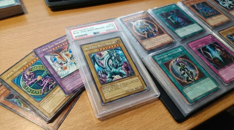 Carte Yu-Gi-Oh! da collezione con Blue-Eyes White Dragon in custodia protettiva e raccoglitore sul tavolo