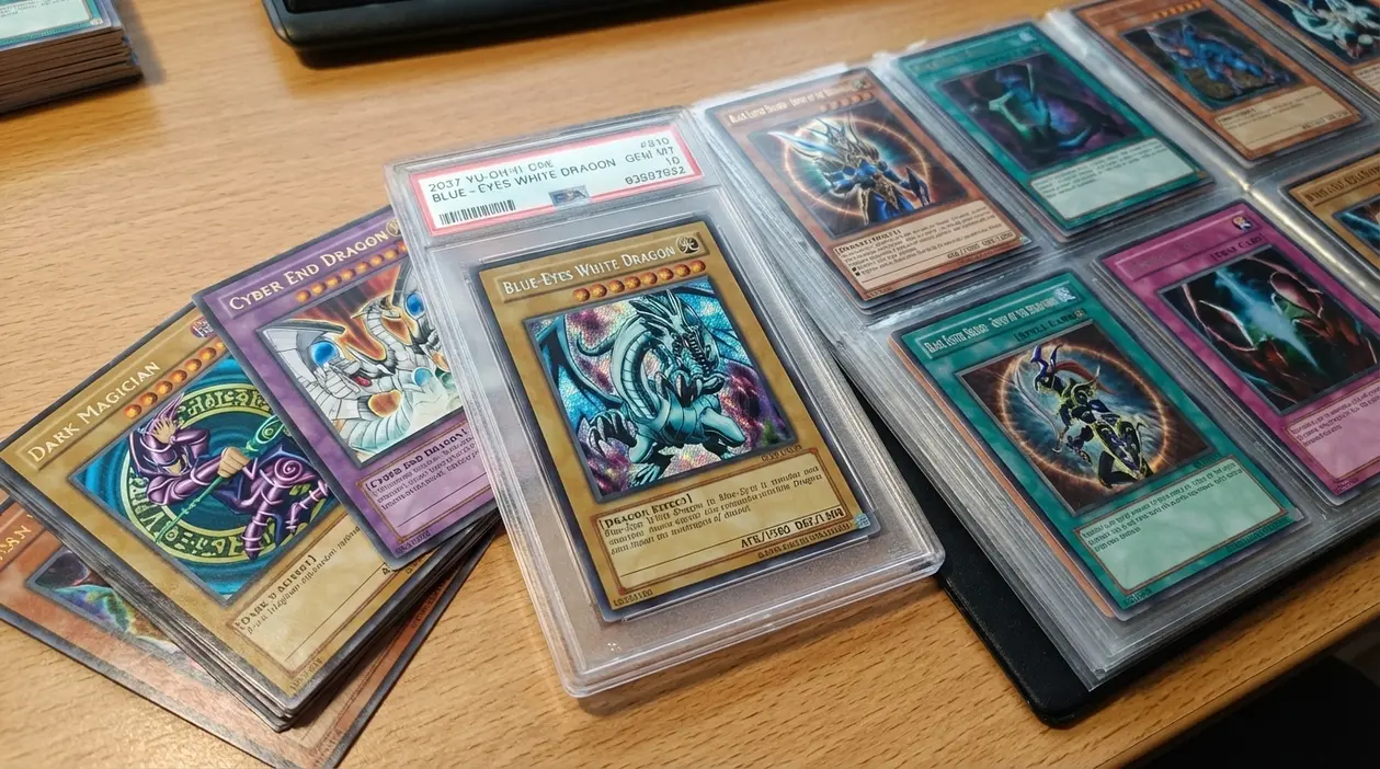 Carte Yu-Gi-Oh! da collezione con Blue-Eyes White Dragon in custodia protettiva e raccoglitore sul tavolo
