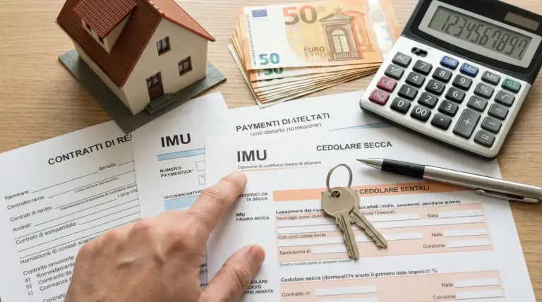 Documenti IMU e cedolare secca con calcolatrice, chiavi, modello di casa e banconote su un tavolo