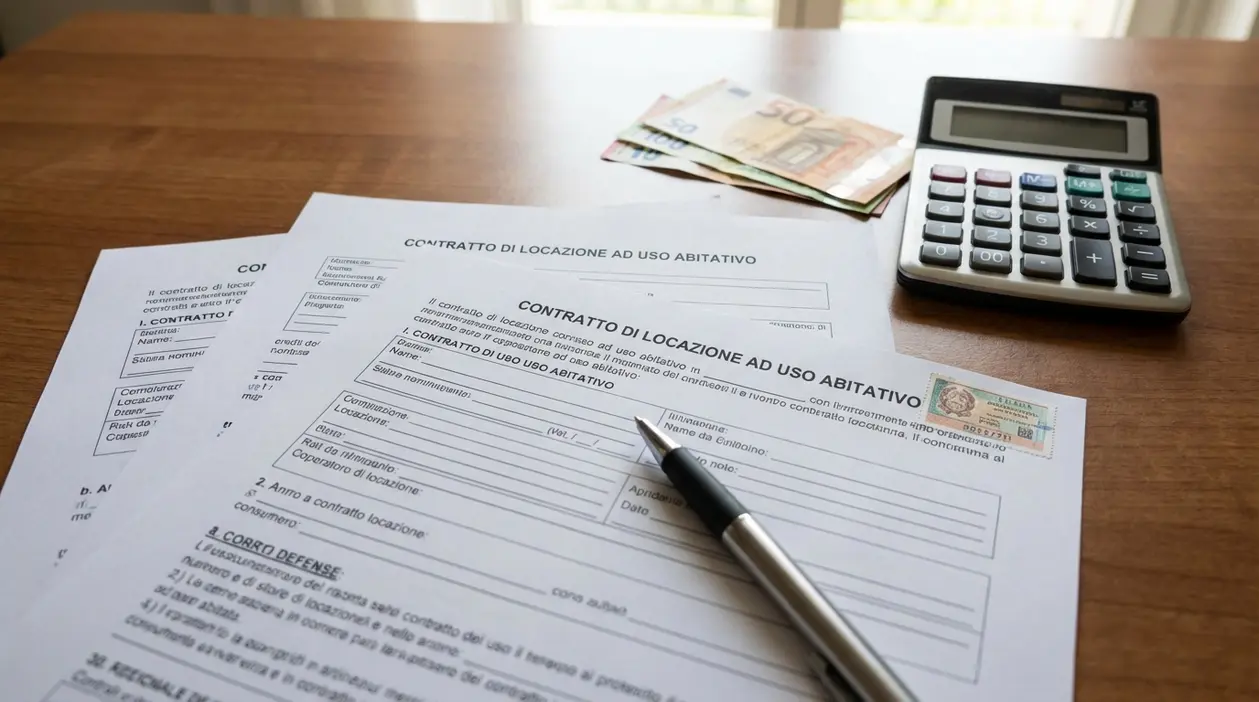 Contratto di locazione su tavolo con penna, calcolatrice e banconote, per parlare di cedolare secca e registrazione