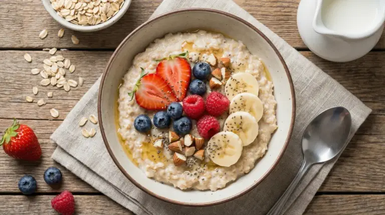Ciotola di porridge d'avena con frutta fresca, mandorle e semi su tavolo in legno