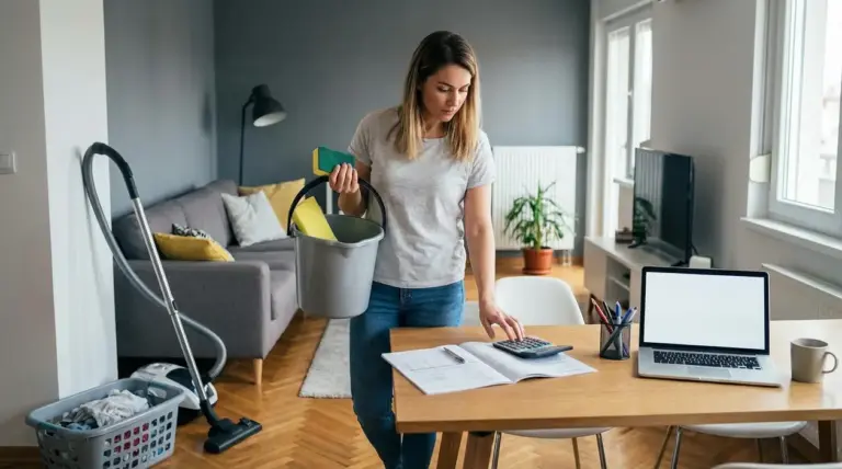 Persona in casa con secchio e spugna, calcolatrice e documenti sul tavolo, mentre svolge pulizie domestiche