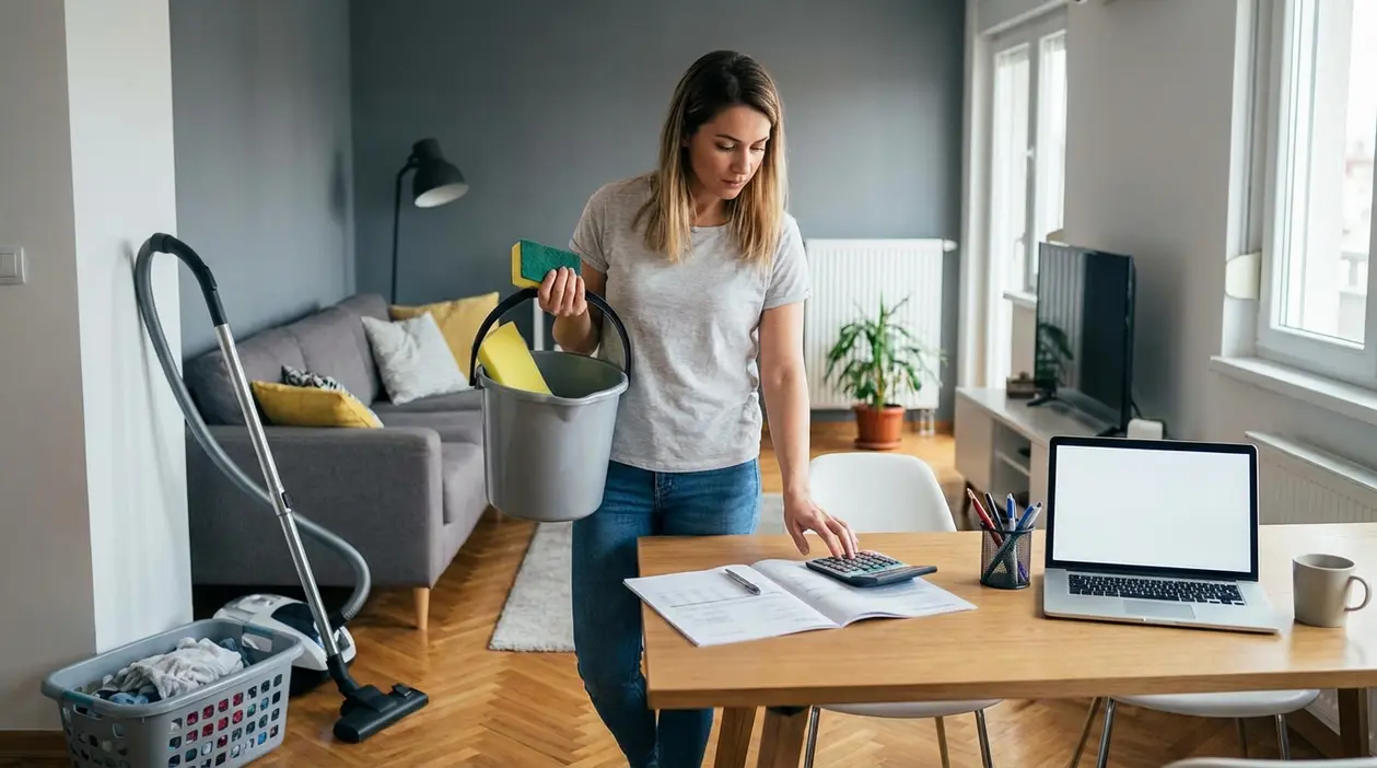Persona in casa con secchio e spugna, calcolatrice e documenti sul tavolo, mentre svolge pulizie domestiche