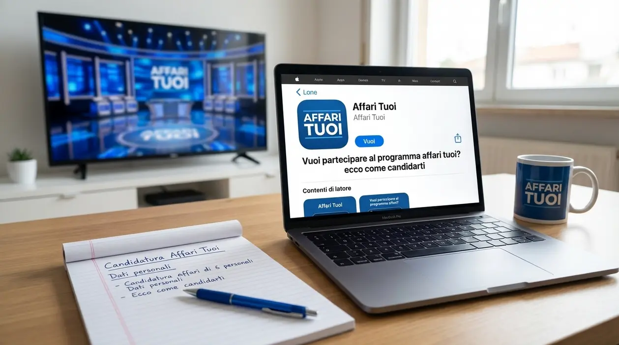 Laptop con pagina di candidatura ad Affari Tuoi su un tavolo, con TV del programma sullo sfondo