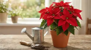 Stella di Natale in vaso con annaffiatoio e paletta su tavolo di legno