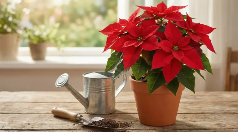 Stella di Natale in vaso con annaffiatoio e paletta su tavolo di legno