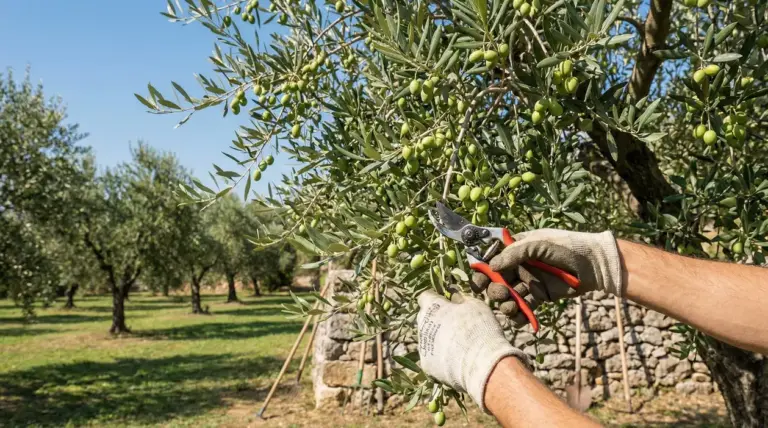 Persona con guanti da lavoro che pota un ramo di ulivo carico di olive verdi