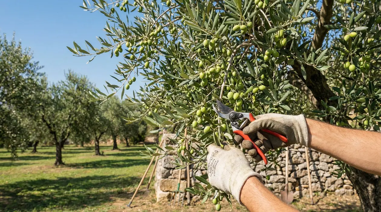 Persona con guanti da lavoro che pota un ramo di ulivo carico di olive verdi