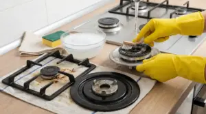 Mani con guanti gialli puliscono un bruciatore a gas con una spazzola sotto l’acqua corrente