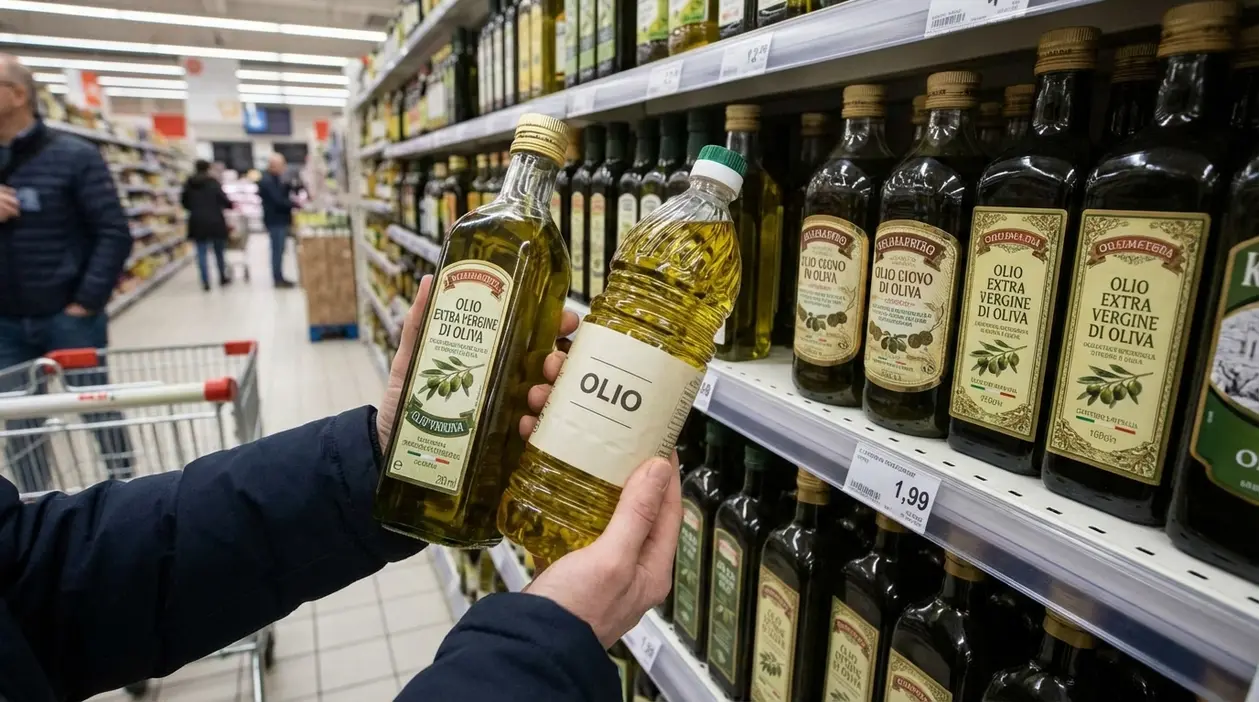 Persona confronta due bottiglie di olio d'oliva tra gli scaffali del supermercato