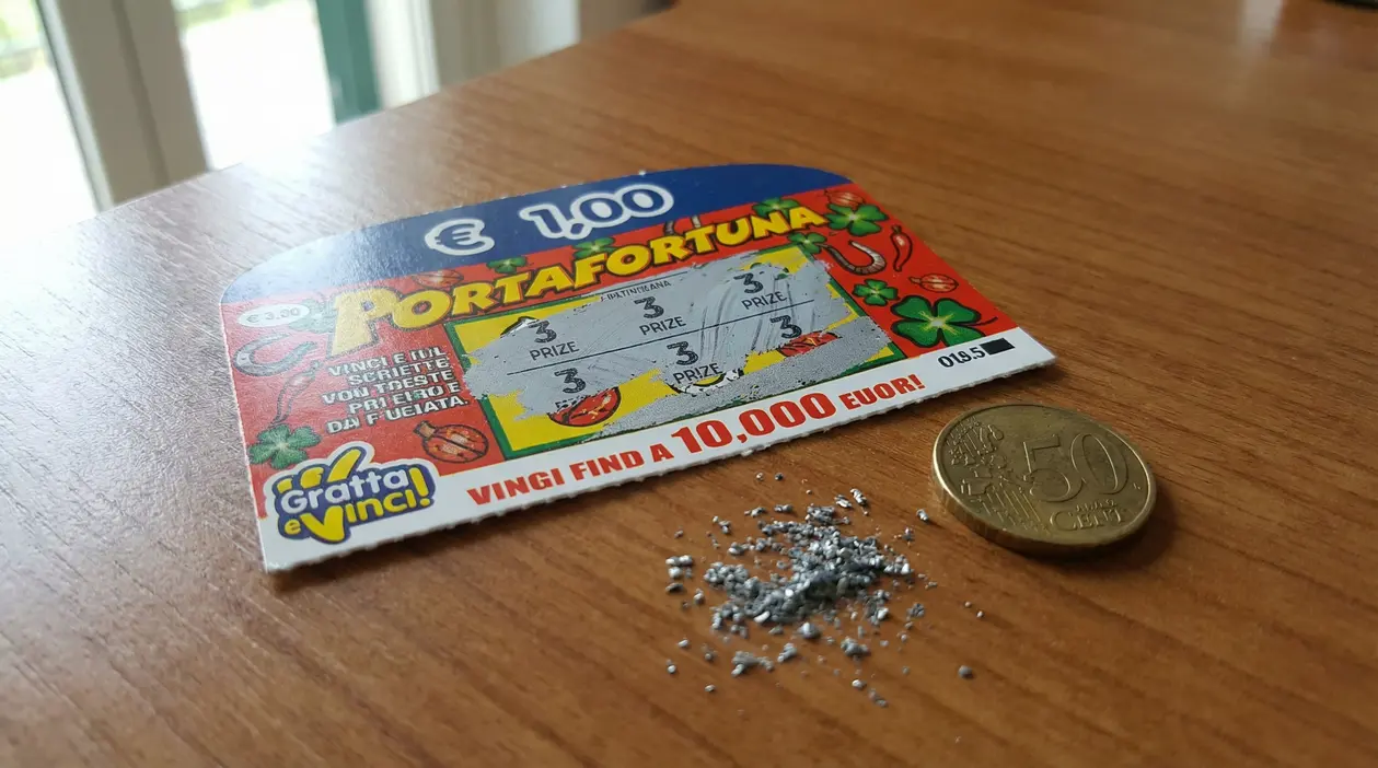 Gratta e vinci parzialmente grattato su un tavolo con moneta e residui argentati accanto