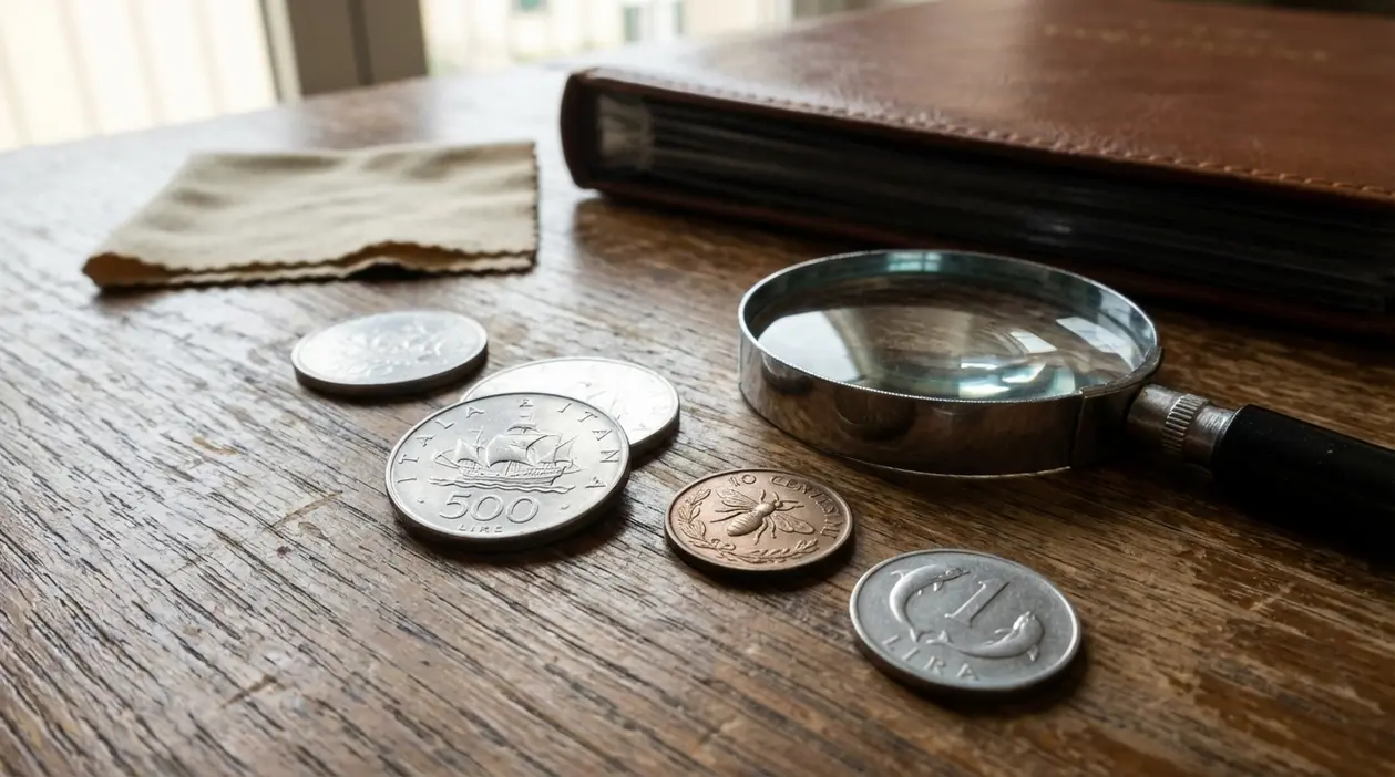 Monete italiane su tavolo in legno con lente d’ingrandimento e album, per valutare rarità e stato di conservazione