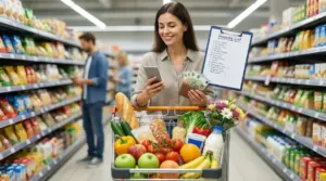 Donna al supermercato con carrello pieno, lista della spesa, smartphone e contanti per risparmiare sulla spesa