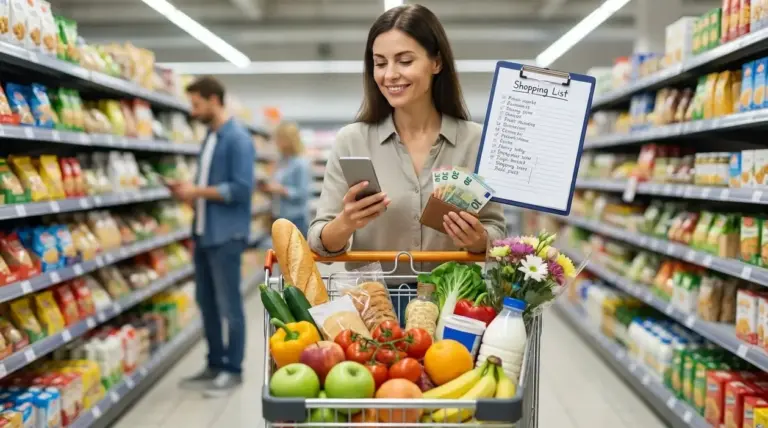 Donna al supermercato con carrello pieno, lista della spesa, smartphone e contanti per risparmiare sulla spesa