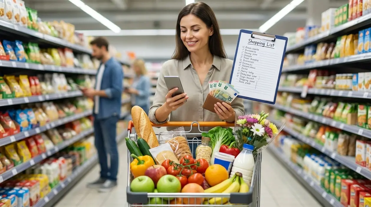 Donna al supermercato con carrello pieno, lista della spesa, smartphone e contanti per risparmiare sulla spesa