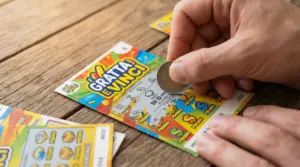 Mano che gratta un biglietto Gratta e Vinci su un tavolo di legno con una moneta