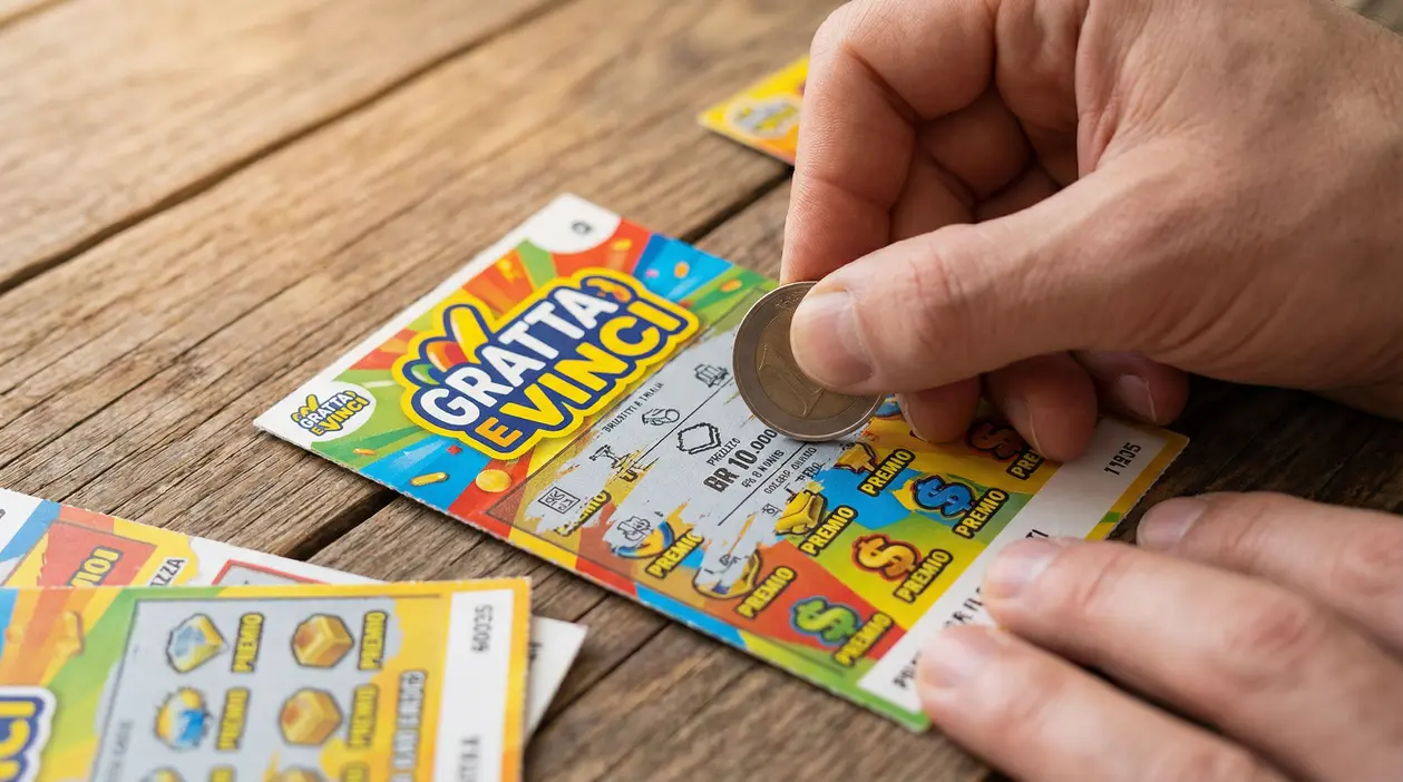 Mano che gratta un biglietto Gratta e Vinci su un tavolo di legno con una moneta