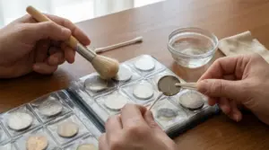 Mani che rimuovono con cura monete in lire da un album usando pennello, cotton fioc e pinzetta