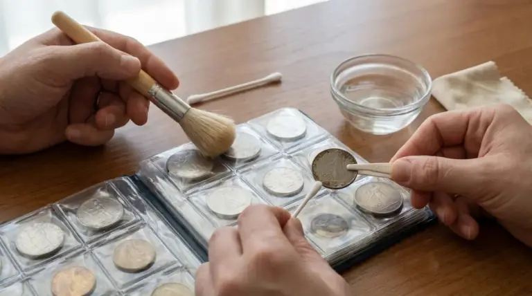 Mani che rimuovono con cura monete in lire da un album usando pennello, cotton fioc e pinzetta