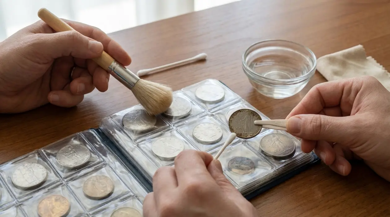 Mani che rimuovono con cura monete in lire da un album usando pennello, cotton fioc e pinzetta