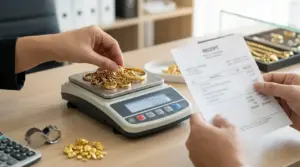 Gioielli in oro pesati su una bilancia al banco di un compro oro, mentre una persona controlla una ricevuta