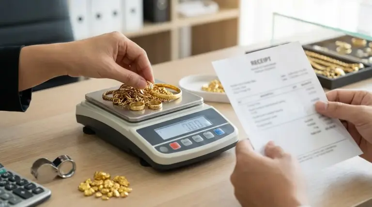 Gioielli in oro pesati su una bilancia al banco di un compro oro, mentre una persona controlla una ricevuta