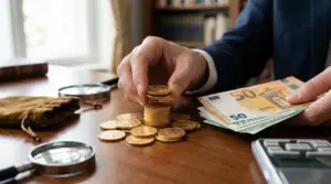 Persona valuta sterline d’oro e banconote in euro su un tavolo, con lente e calcolatrice